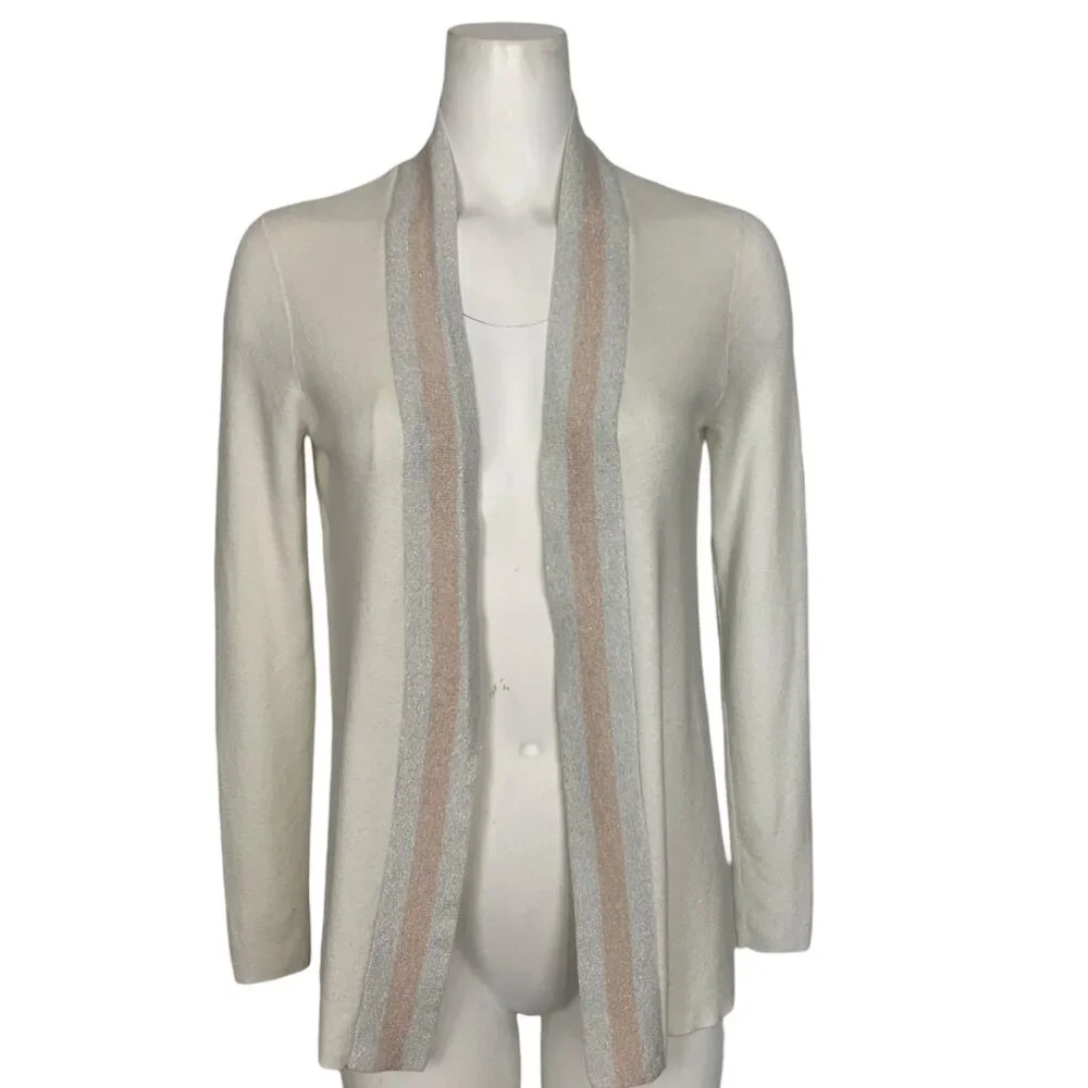 Ted Baker Cream Floral-Back Cardigan with Pastel Stripe Trim, Size 1